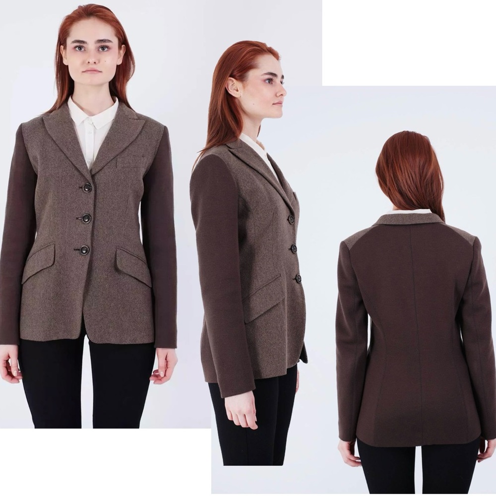 Weekend MaxMara brown herringbone single breasted knit contrast sleeve blazer